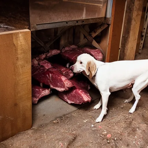 Image similar to blind dog in a meat house,