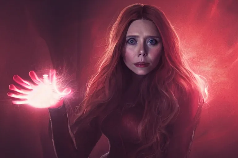 Image similar to movie still of elizabeth olsen as the scarlet witch, facing away from the camera, standing in the middle of a dark cave, holding red magic from her hands, illuminating the area, golden ratio!!!!!, centered, trending on artstation, 8 k quality, cgsociety contest winner, artstation hd, artstation hq, luminous lighting