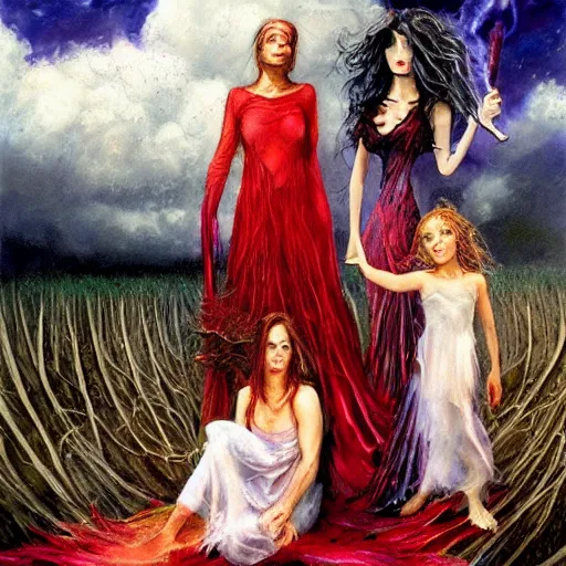 Prompt: a painting, style of lois royo, gerald brom, michael whelan, one mother and her one very young daughter, in long dresses, fully clothed, with clothes on, smoking a bowl of hash together, from a huge red glass bong, sitting in a field of cannabis, with clouds in the sky