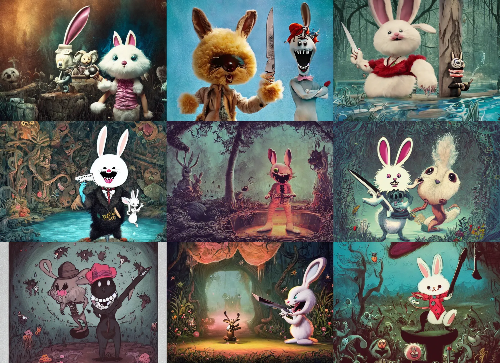 Prompt: a cute fluffy bunny with an insane expression, gleefully dances in a pool of water, holding a black steel bowie knife. dark dance photography, intricate detailed 8 k environment, gary baseman, preston blair, tex avery, dan mumford, pedro correa, high times magazine aesthetic