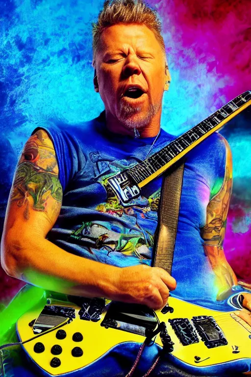 Prompt: hyperrealism, fluorescent james hetfield from metallica singing and playing an electric guitar and floating in indigo space with light blue brutalist architecture in the horizon, realistic face, photorealistic, vivid colours, cinematic, 4 k, high resolution