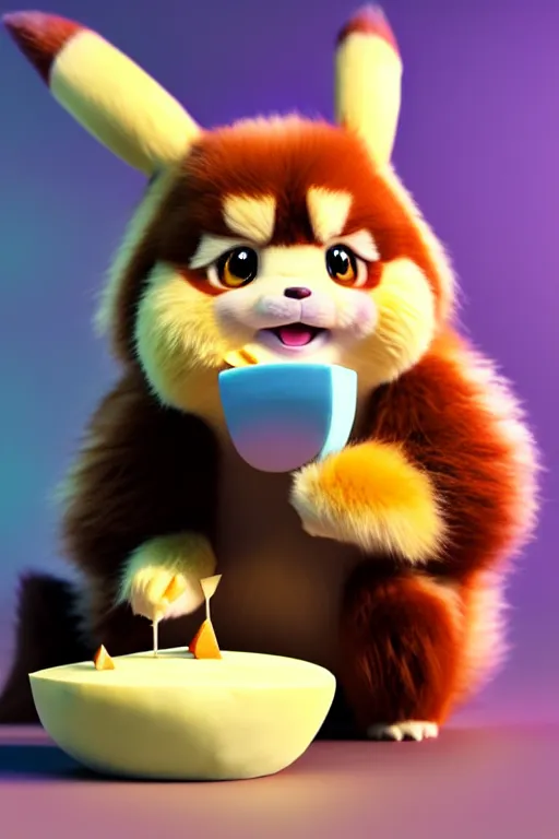 Image similar to high quality 3 d render hyperrealist fluffy very cute pastel grumpy dragon & red panda hybrid eating cheese, vray smooth, in the style of detective pikachu, very dramatic light, low angle, uhd 8 k, shallow depth or field