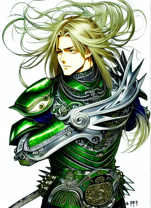 Prompt: a detailed manga full body portrait illustration of a man with long blonde hair and blue eyes wearing evil green spiked armour by hirohiko araki and alphonse mucha, detailed artwork, realism, 4 k resolution, detailed, high quality, sharp focus, hq artwork, insane detail, volumetric lighting, character concept art, fine details, clear subject, central subject