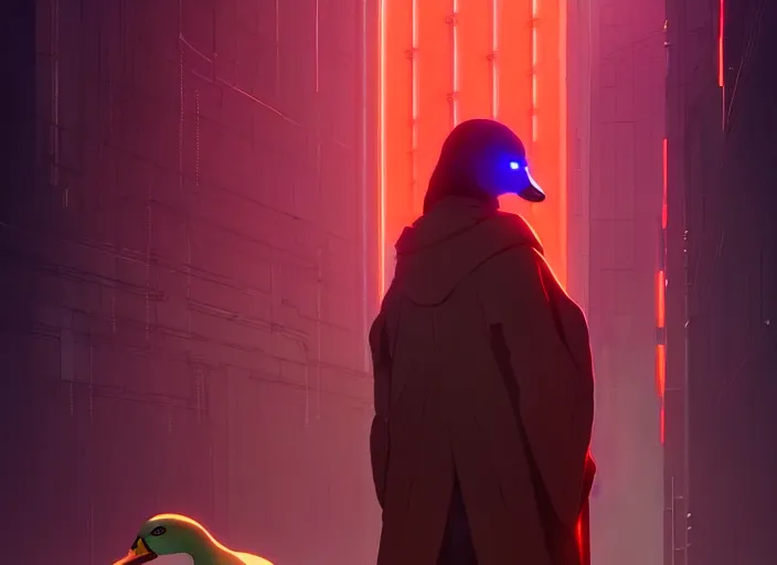 Prompt: cyberpunk mallard duck wearing red cultist robe, details, futuristic, epic, sacrificial altar, landscape illustration concept art anime key visual trending pixiv fanbox by wlop and greg rutkowski and makoto shinkai and studio ghibli and kyoto animation symmetrical facial features