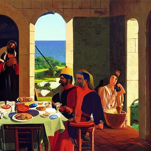 Prompt: ' a medieval turkish nobleman takes breakfast at his coastal manor with his family '. painting by angus mcbride, art with high fidelity realistic textures and figures.