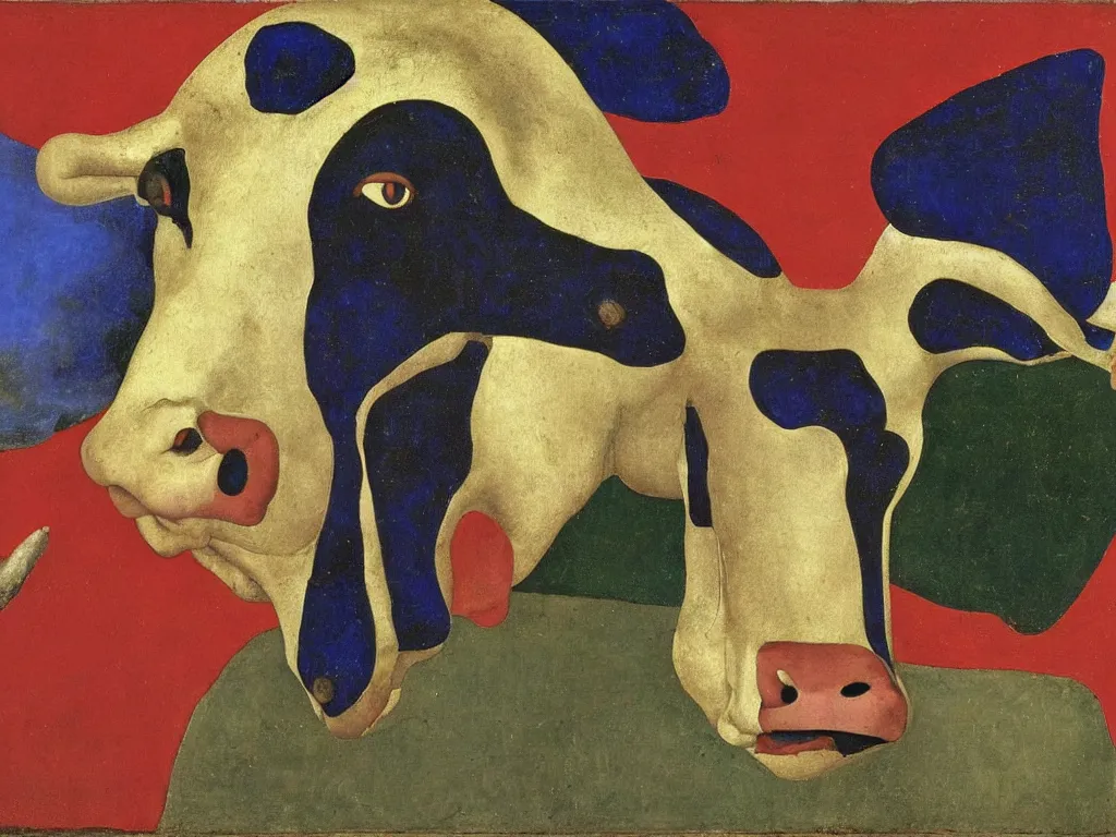 Prompt: portrait of a bull head. lapis lazuli, malachite, cinnabar, gold. painting by piero della francesca, balthus, agnes pelton