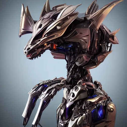 Image similar to stunning bust of a beautiful majestic anthropomorphic humanoid robot mecha female dragon, with smooth and streamlined armor, standing and posing elegantly, well detailed dragon head with epic LED eyes and a warm maw, sharp and dangerous sleek design, two arms, two legs, long tail, beautiful digital art, artstation, DeviantArt, FurAffinity, professional, depth of field, close-up, hd, octane render, sunset lighting