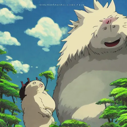 Image similar to big cute creature made in studio ghibli artstyle, high quality detailed, 8k, smooth, sharp focus, beautiful scene, ghibli, wonderful, anime art , cinematic scene, fantasy,