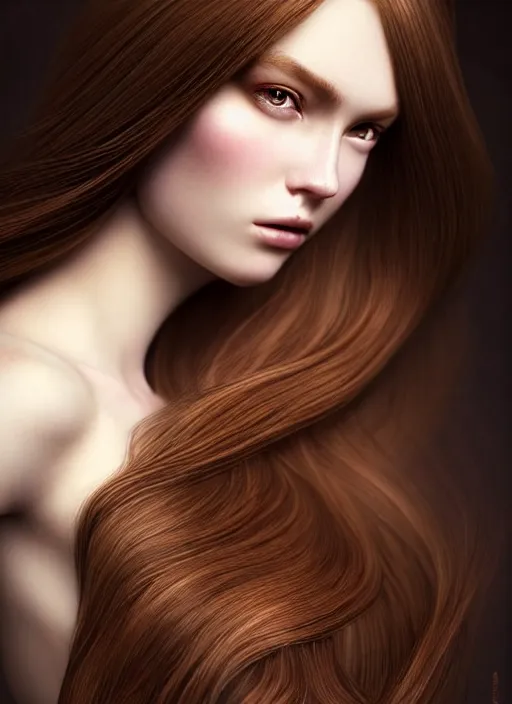 Image similar to a gorgeous female with long brown, hair photo by tim walker, realistic, full body shot, wide angle, sharp focus, 8 k high definition, insanely detailed, intricate, elegant, art by stanley lau and artgerm, floating embers