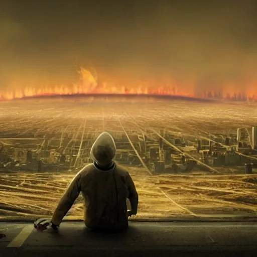 Image similar to a beautiful award-winning photo of the last man on Earth wearing a hazmat suit, sitting, serene idyllic post-nuclear background with a mushroom cloud on the horizon, a mirage of a skyline of a destroyed city, numerous fires, volumetric lighting, very high quality, extremely detailed, subtle visual noise, 8K