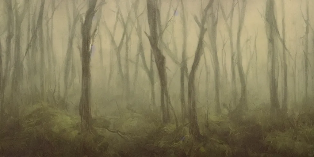 Prompt: painting of will - o'- the - wisps in a murky swamp, muted colors, mysterious, creepy