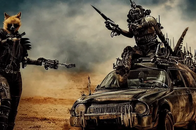 Image similar to a fursona ( from the furry fandom ), heavily armed and armored facing down armageddon in a dark and gritty version from the makers of mad max : fury road. witness me.