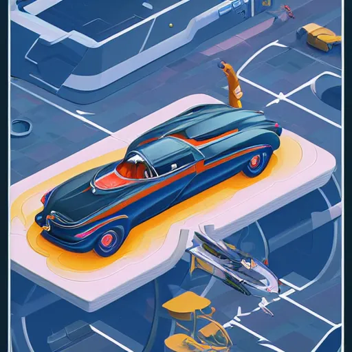 Prompt: isometric retro futuristic car ad by tyler edlin and petros afshar and christopher balaskas and marius borgeaud and kiliain eng, atomic age maximalist, art nouveau, well proportioned, highly detailed