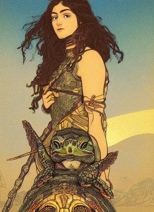 Prompt: portrait of a little warrior girl sitting on top of a giant turtle in the desert. the girl has dark skin and beautiful green eyes, realistic body legs and a very beautiful detailed symmetrical face with long black hair. the turtle has a big wise face and closed eyes. diffuse light, dramatic landscape, fantasy illustration by mucha