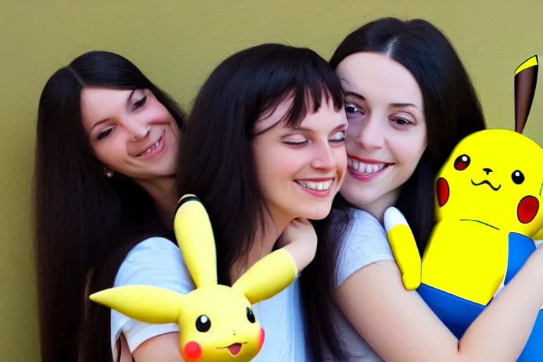 Image similar to a young skinny woman with long dark hair hugging a pikachu