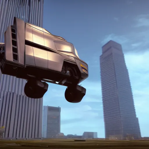 Image similar to a promotional movie still of a futuristic flying truck. the truck is hovering high in the air next to a tall impressive looking building. the truck looks like a food truck. fifth element ( 1 9 9 7 ), unreal engine 5, octane 3 d, render, imax 7 0 mm