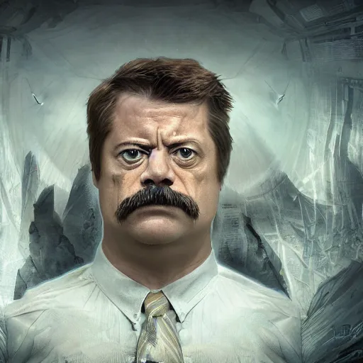 Prompt: Very very very very highly detailed epic central composition photo of Ron Swanson face, intricate, dystopian, sci-fi, extremely detailed, digital painting, smooth, sharp focus, illustration, intimidating lighting, incredible art by Brooke Shaden, artstation, concept art, Octane render in Maya and Houdini