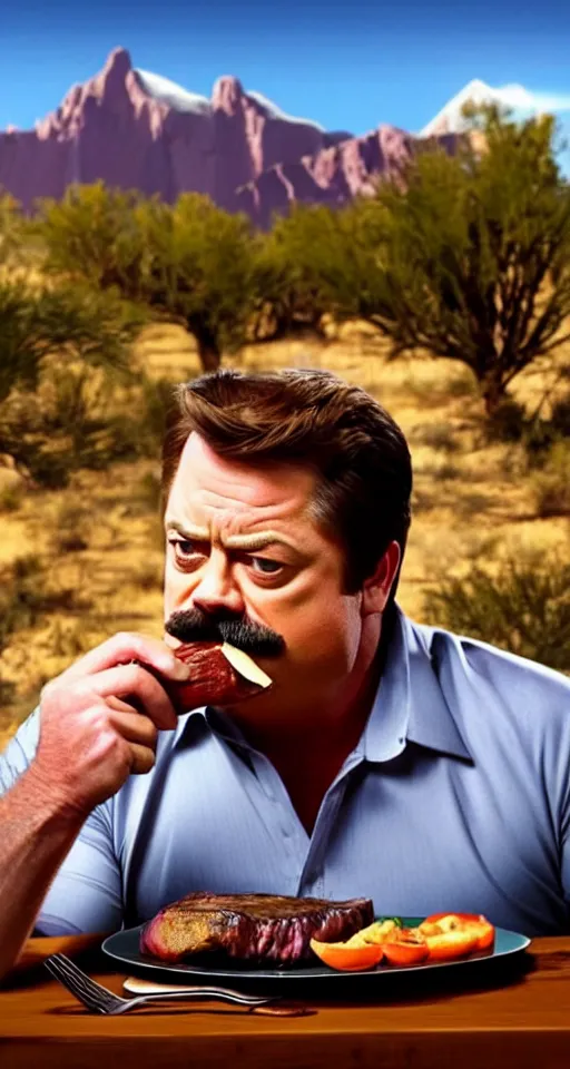 Prompt: ron swanson eating a steak at a table, set in the dessert with a mountain in the background, detailed, volumetric lighting, realistic, cinematic