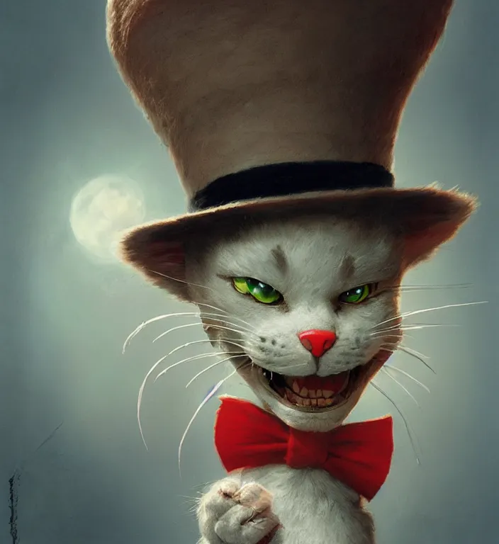 Image similar to complex 3 d render, hyper detailed, ultra sharp, of the cat in the hat, scary, funny, cinematic, natural soft light, rim light, art by greg rutkowski and artgerm and craig mullins, dr seuss