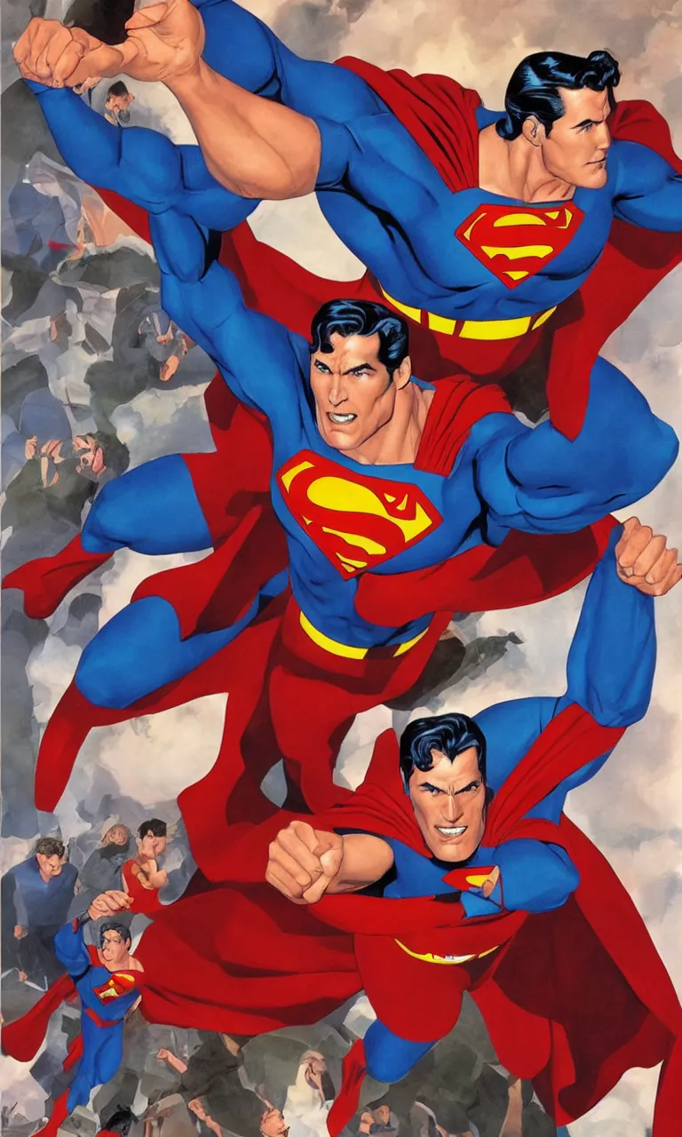 Prompt: a famous handsome actor as superman by alex ross