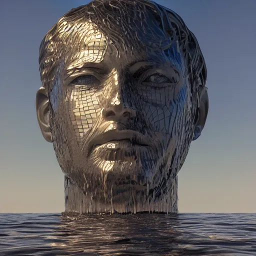 Image similar to a giant water sculpture of a human head on the ocean water, cinematic, in the style of chad knight, long shot, hyper detailed, hyper realistic, ray tracing, 8 k resolution, sharp focus, realistic water, award winning