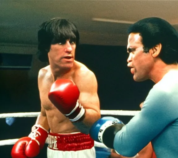 Prompt: color film still from rocky 1 9 7 6 of joe biden and donald trump, boxing ring, fighting, punching