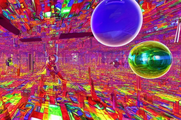 Prompt: vibrant colors several glass spheres suspended midair alternative reality mirror highly detailed 3d rendering from 1996 trippy dmt cyberpunk wallpaper