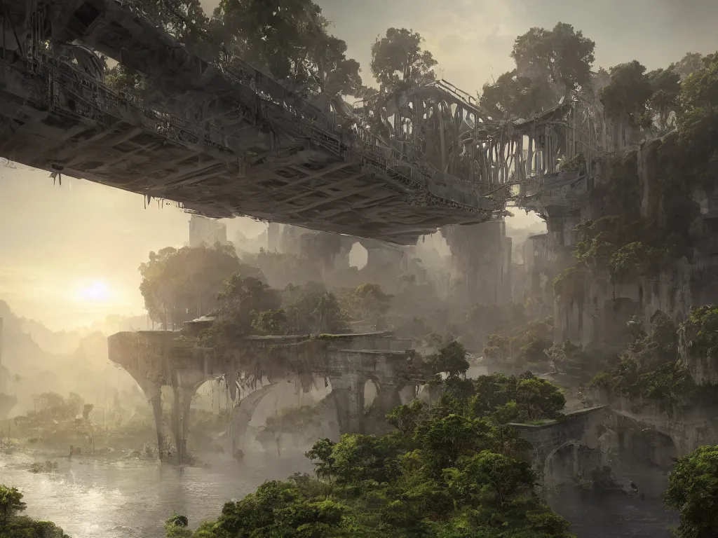 Prompt: a high magnificent broken bridge in a war-torn city, ruins, surrounded by lush green vegetation, stunning volumetric lighting, sunset, solid concrete, stunning skies, trending on Artstation, 8k, photorealistic, hyper detailed, unreal engine 5, IMAX quality, cinematic, epic lighting, in the style of DOOM and Quake and Le Corbusier and Greg Rutkowski