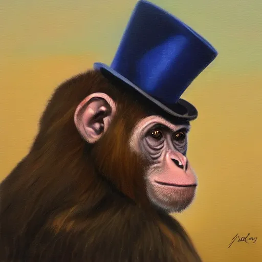 Prompt: a beautiful oil painting of a monkey in a blue top hat , 8k , award winning