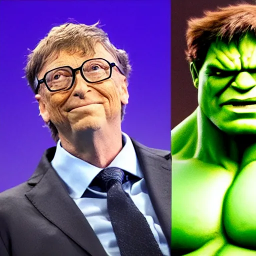 Prompt: bill gates cosplaying as the hulk, muscly bill gates wearing a hulk costume, bill gates jacked beefy cosplay award winner