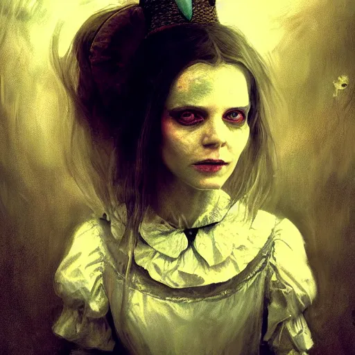 Image similar to portrait of alice in wonderland, painted by seb mckinnon and greg rutkowski, digital art, trending on artstation