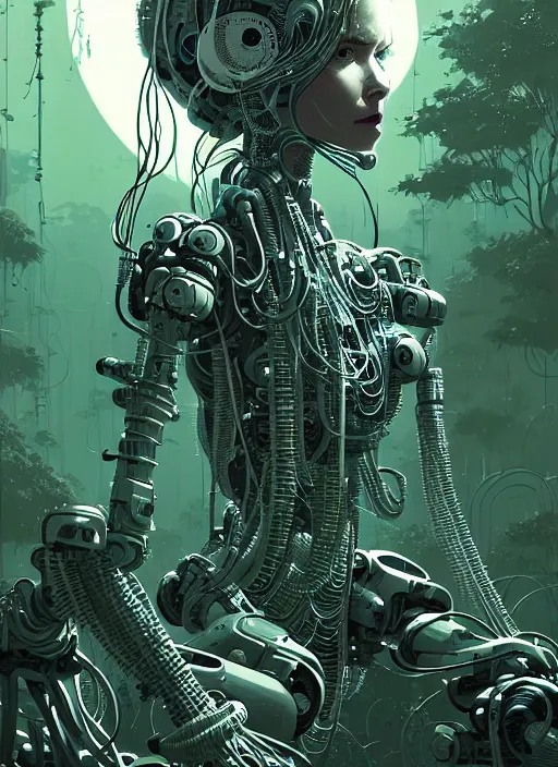 Prompt: highly detailed portrait of a biopunk cyborg long curly white hair tribal lady, stray wiring by atey ghailan, james gilleard, by joe fenton, by greg rutkowski, by greg tocchini, by kaethe butcher, 4 k resolution, gradient green, black and white color scheme!!! ( ( forested robotic dense jungle background ) )
