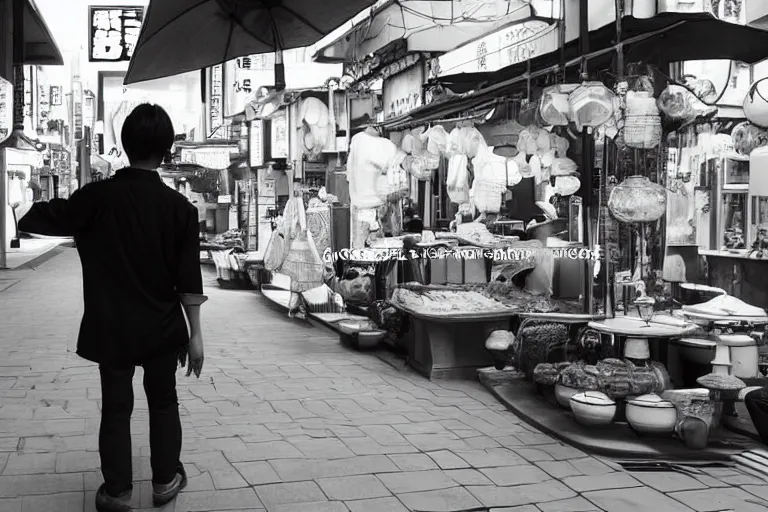 Image similar to still photo of a japanese street vendor, black and white color aesthetic, highly detailed, photorealistic portrait, bright studio setting, studio lighting, crisp quality and light reflections, unreal engine 5 quality render