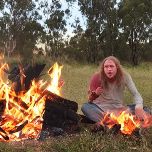 Image similar to picture of an australian shepherd with a hillbilly with long blonde hair around a bonfire