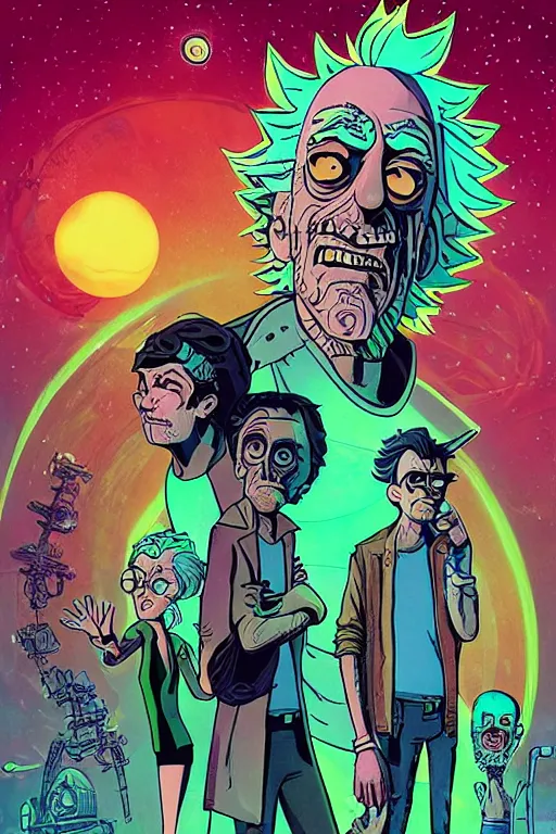 Image similar to Christopher Lloyd as Rick Sanchez, Rick and Morty save the multiverse, science fiction, retro cover, high details, intricate details, by vincent di fate, artgerm julie bell beeple, 60s, inking, vintage 60s print, screen print