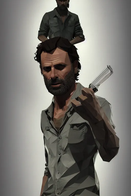 Prompt: rick grimes paper craft low poly, the walking dead scene, full body shot, poster, fantasy, medieval, vivid colors, elegant, concept art, sharp focus, digital art, Hyper-realistic, 4K, Unreal Engine, Highly Detailed, HD, Dramatic Lighting by Brom, trending on Artstation