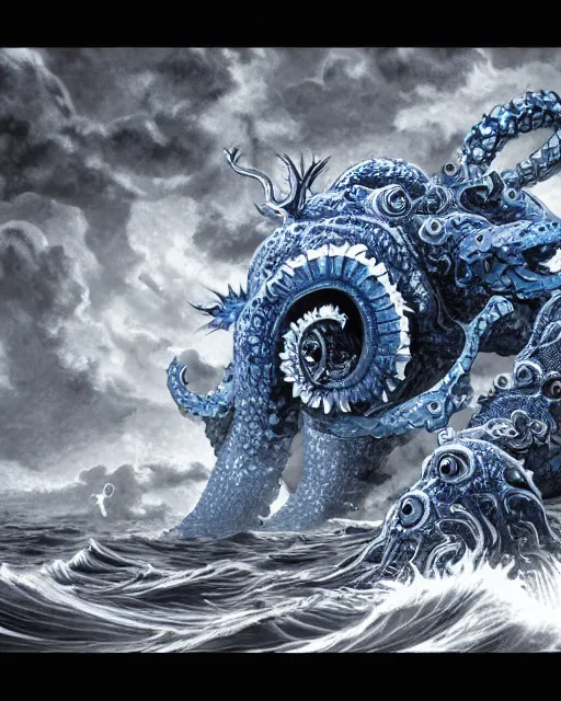 Image similar to A huge blue kraken in a vast sea, terrifying, black and white, fantasy art, monster art, in the style of masami kurumada, illustration, epic, fantasy, intricate, hyper detailed, artstation, concept art, smooth, sharp focus, ray tracing