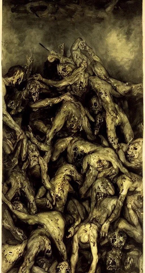 Prompt: mansion house of hungry cannibals tearing each other apart, covered in blood and black tattered clothing, standing on piles of limbs, hyperrealistic, horror, gothic, lovecraftian, 4 k, realistic, high detail, gruesome, by francisco goya