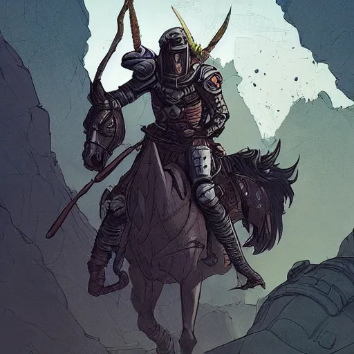 Prompt: cell shaded cartoon, a portrait of a warrior on a horse wearing ridiculously large black armor, illustration, wide shot, subtle colors, concept art by josan gonzales and wlop, laurie greasley, jordan grimmer and james jean, highly detailed, sharp focus, trending on artstation, hq, deviantart, art by artgem