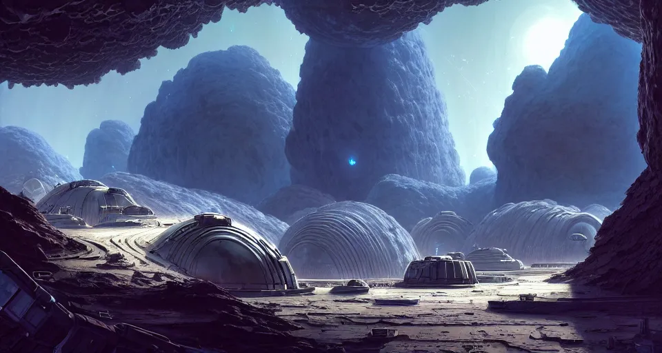 Prompt: a highly detailed digital matte painting of a 23rd century mineral extraction colony on the surface of an asteroid, by Stephan Martiniere and Raphael Lacoste and Peter Mohrbacher and Robert McCall, wide angle shot, volumetric lighting, hyperdetailed, space, octane render, 8k H- 640