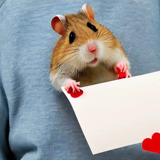 Prompt: detailed photo of a hamster holding a valentine's letter, various poses, full body, unedited, daylight, dof, sharp focus, 8 k