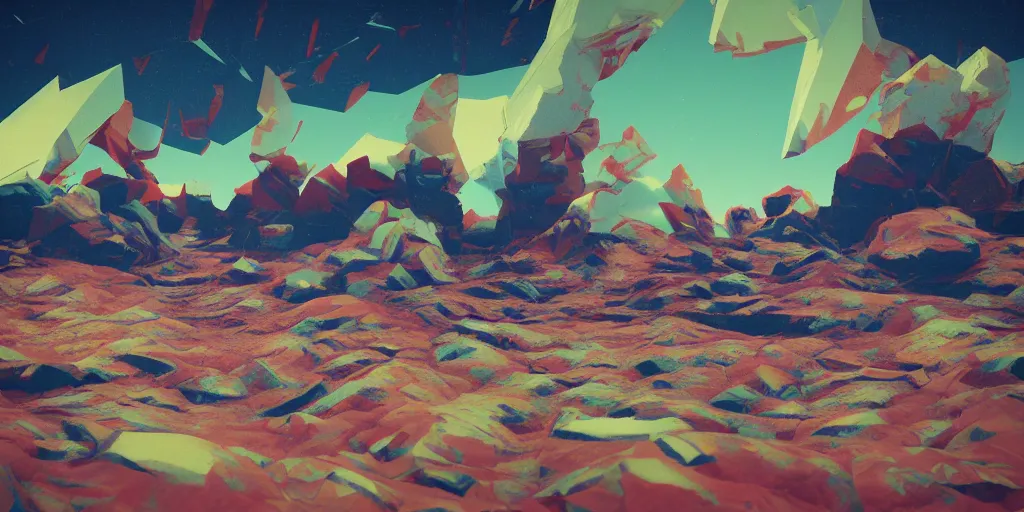 Image similar to abstract 3d landscape painting at noon by james jean and painted in no mans sky style, redshift, octane