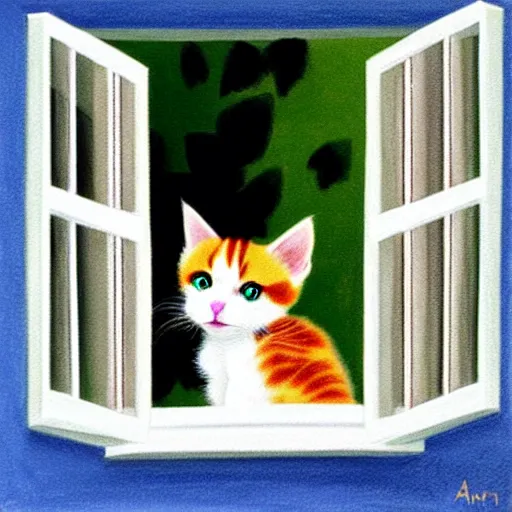 Image similar to cute calico kitten looking out of the window on a [ [ [ [ [ beautiful ] ] ] ] ] ] summer day, featured on artstationg, gorgeous!!!