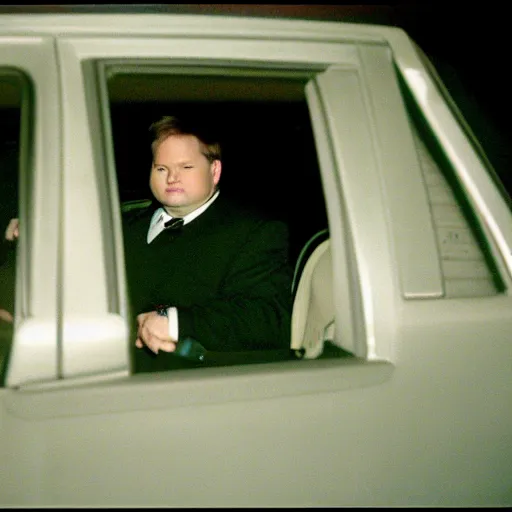 Prompt: 1 9 9 8 andy richter wearing a black wool coat and necktie in his car driving through the streets of chicago at night, pov back seat of car, cozy atmosphere - n 9