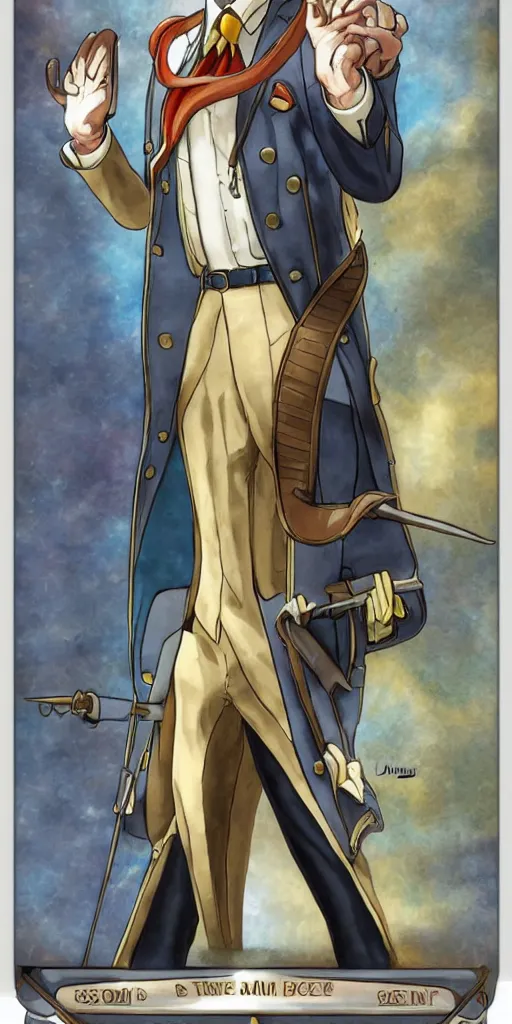 Image similar to the judge from Ace Attorney with a beam scale in one hand. Tarot card Justice, impressive art, detailed, single subject, high quality