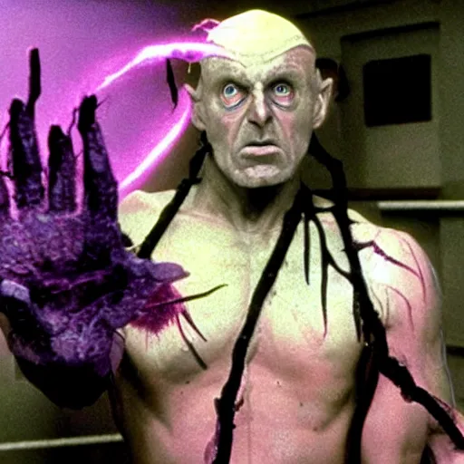 Prompt: ivan ooze, portrait, practical effects, 1 9 9 0 s action movie, purple electricity arcing from fingers, an army of tongue warriors