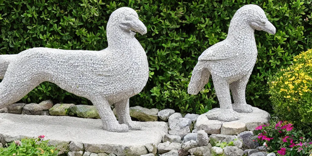 Image similar to extremely detailed carved concrete statue, pebble mosaic, of a griffin, in an english cottage style flower garden