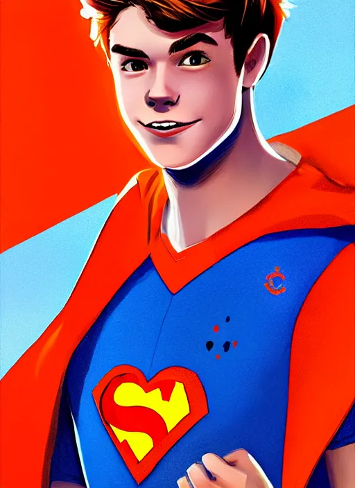 Image similar to friendly teenage archie andrews wearing an orange superhero costume with heart logo, heart, freckles, blue cape, heart emblem on chest, blue cape, intricate, elegant, glowing lights, highly detailed, digital painting, artstation, sharp focus, illustration, art by wlop, mars ravelo and greg rutkowski