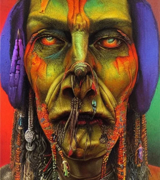 Image similar to Portrait painting in a style of Beksinski mixed with Alex Grey of an old shaman dressed in a colorful traditional clothes.