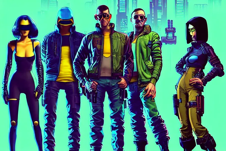 Image similar to cyberpunk heist crew. portrait by stonehouse and mœbius and will eisner and gil elvgren and pixar. character design. realistic proportions. dystopian. cyberpunk 2 0 7 7 character art, blade runner 2 0 4 9 concept art. cel shading. attractive face. thick lines. the team. detailed interesting characters.